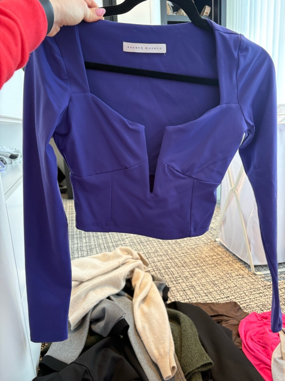 Susana Monaco Deep Violet Long-Sleeve V-Plunge Crop Top
